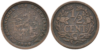 Нидерланды 1/2 цента 1928 Вильгельмина (1890-1948) KM 138 бронза 4576-453