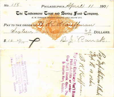 США чек на 16,69 долларов 1901 Филадельфия бумага 3295-108-2-1