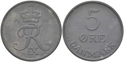 Дания 5 эре 1958 C;S, Фредерик IX (1947-1972) KM 843.2 цинк 4159-551