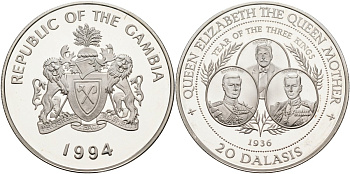 Гамбия 20 даласи 1994 серия королева Елизавета-королева мать, 1936 год трёх королей, тираж 30000 экз. KM 40 серебро PROOF 1098-1-63