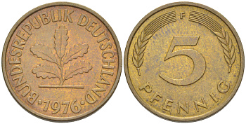 ФРГ 5 ПФЕННИГОВ 1976 F KM 107, J. 382 сталь плакированная латунью 4181-951