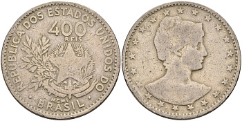 Бразилия 400 рейс 1901 голова свободы вправо KM 505 медно-никель 4367-212
