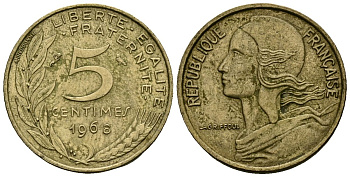 Франция 5 сантимов 1968 тип Marianne KM 933 алюминиевая бронза 4136-437