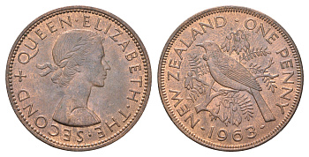 Новая Зеландия 1 пенни 1963 Елизавета II (1952-2022), новозеландский туи KM 24.2 бронза aUNC 4587-641