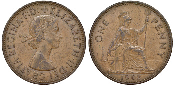 Великобритания 1 пенни 1962 Елизавета II (1952-2022) KM 897, Spink 4157 бронза 51-2325