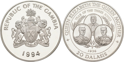 Гамбия 20 даласи 1994 серия королева Елизавета-королева мать, 1936 год трёх королей, тираж 30000 экз. KM 40 серебро PROOF 1098-1-63