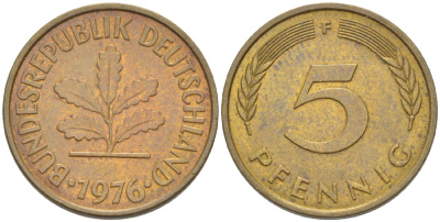 ФРГ 5 ПФЕННИГОВ 1976 F KM 107, J. 382 сталь плакированная латунью 4181-951