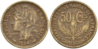 Французский Камерун 50 сантимов 1924 (а), монетный двор Париж KM 1 алюминиевая бронза 4164-1167