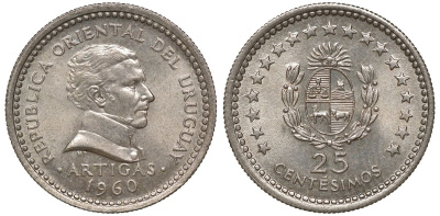 Уругвай 25 сентесимо 1960 KM 40 медно-никель 4169-863