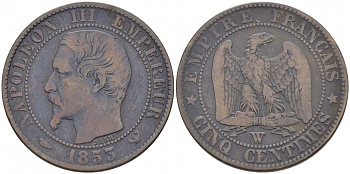 ФРАНЦИЯ 5 САНТИМОВ 1853 W, НАПОЛЕОН III (1852-1870) KM 777.7, LE FRANC 116.7 бронза 4448-1145