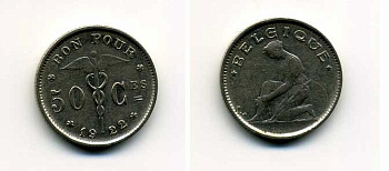 Бельгия 50 сантимов 1922 Belgique, Альберт I (1910-1934) KM 87 никель 37-236