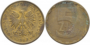 ПОЛЬША 5 ЗЛОТЫХ 1987 MW KM 81.2 латунь 4548-652
