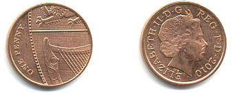 Великобритания 1 пенни 2010 Елизавета II (1952-2022) KM 1107, Spink B6 сталь плакированная медью 177-1226