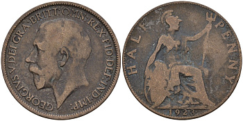 Великобритания 1/2 пенни 1923 Георг V (1910-1936) KM 809, Spink 4056 бронза 4146-144