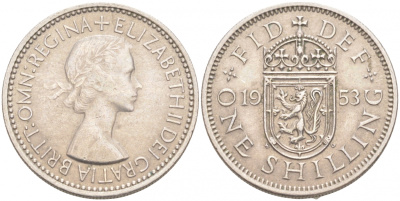 Великобритания 1 шиллинг 1953 Елизавета II (1952-2022), Шотландский герб KM 891, Spink 4140 медно-никель 68-136