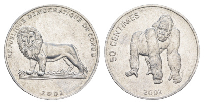 ДР Конго 50 сантимов 2002 Животные - Горилла KM 79 алюминий 4652-1117