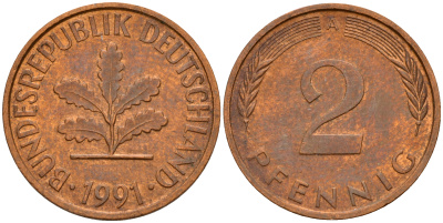 ФРГ 2 пфеннига 1991 A J.381a, KM 106a сталь плакированная медью    4598-927