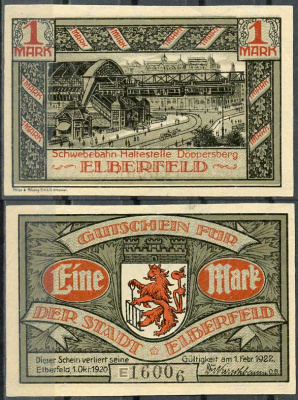 Германия, Эльберфельд 1 марка 1922 нотгельд, городские виды, серая Mehl 324.1 бумага UNC (пресс) 444-51-3-2