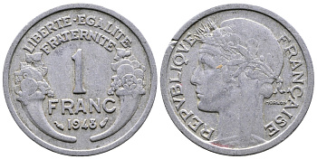 ФРАНЦИЯ 1 ФРАНК 1948 ТИП MORLON, LEGERE KM 885a.1, LE FRANC 221.13 алюминий 51-457