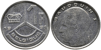 БЕЛЬГИЯ 1 ФРАНК 1991 BELGIQUE KM 170 сталь плакированная никелем 99-1224