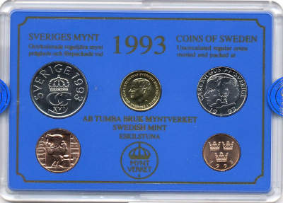 Швеция набор монетного двора из 4 монет + жетон 1993 в пластике, Карл XVI Густав (1973- ) KM MS68 UNC 7-5-7-200