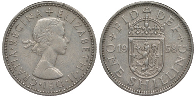 Великобритания 1 шиллинг 1958 Елизавета II (1952-2022), Шотландский герб KM 905, Spink 4148 медно-никель 4128-745
