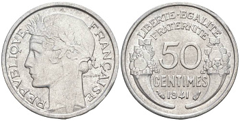 ФРАНЦИЯ 50 САНТИМОВ 1941 ТИП MORLON LOURDE KM 894.1a, LE FRANC 193.2 алюминий 44-157
