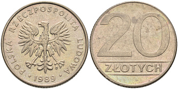 ПОЛЬША 20 ЗЛОТЫХ 1989 MW KM 153.2 медно-никель 4566-513