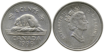 КАНАДА 5 ЦЕНТОВ 1999 БОБЕР KM 182 медно-никель 84-1523