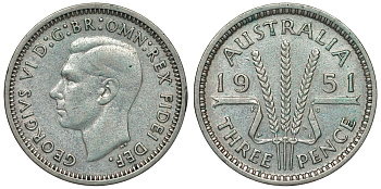 Австралия 3 пенса 1951 m, Георг VI (1937-1952), без букв KM 44 серебро 71-332