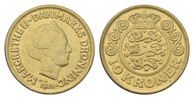 Дания 10 крон 1989 NR, Маргрете II (1972-2024) KM 867 алюминиевая бронза aUNC 119-1214