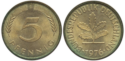 ФРГ 5 ПФЕННИГОВ 1976 G KM 107, Jager 382 сталь плакированная латунью 4547-755