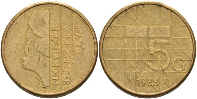 Нидерланды 5 гульденов 1988 Беатрикс (1980-2013) KM 210 никель плакированный бронзой 4572-842