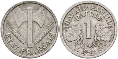 Франция 1 франк 1942 правительство Виши KM 902.1, Le Franc алюминий 4126-643