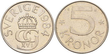 Швеция 5 крон 1984 Карл XVI Густав (1973- ) KM 853 медно-никель 4526-215
