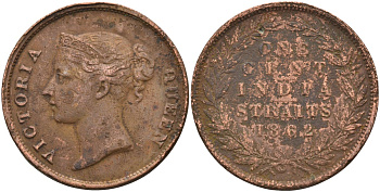 Стрейтс-Сетлментс 1 цент 1862 Виктория (1837-1901), Ост-Индская компания KM 6 медь 4590-246