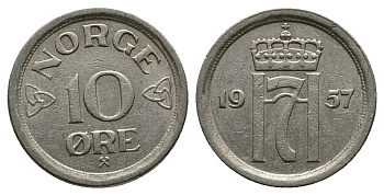 НОРВЕГИЯ 10 ЭРЕ 1957 KM 396 медно-никель 89-1456