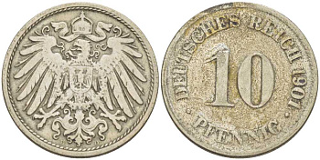 Германия 10 пфеннигов 1901 D KM 12, J. 13, Weege 8 медно-никель 259-827