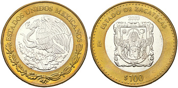 Мексика 100 песо 2003 180 лет Федерации - Сакатекас KM 688 биметалл, серебро BU 00-1067-10-51