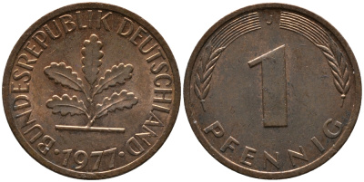 ФРГ 1 пфенниг 1977 J KM 105, J.380 сталь плакированная медью 99-337