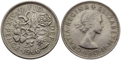 Великобритания 6 пенсов 1966 Елизавета II (1952-2022) KM 903, Spink 4149 медно-никель 75-158