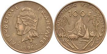 Французская Полинезия 100 франков 1996 KM 14 никель-бронза 4131-1035