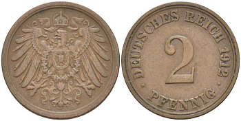 Германия 2 пфеннига 1912 A KM 16, J. 11, Weege 4 медь 212-355
