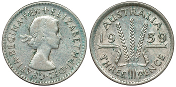 Австралия 3 пенса 1959 m, Елизавета II (1952-2022) KM 57 серебро 71-565