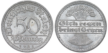 Германия 50 пфеннигов 1921 A KM 27, J. 301 алюминий aUNC 4114-724