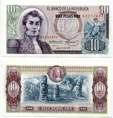Колумбия 10 песо 1976 20 июля 1976, Антонио Нариньо Pick 407f бумага UNC (пресс) 7486-3-2-1