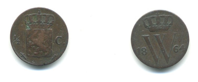 НИДЕРЛАНДЫ 1/2 ЦЕНТА 1864 KM 90 медь 84-1653