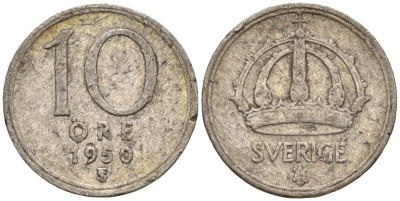 Швеция 10 эре 1950 TS, Густав V (1907-1950) KM 813 серебро 4147-857