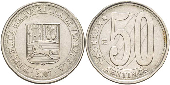 Венесуэла 50 сентимо 2007 KM 92 сталь плакированная никелем 217-751
