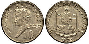 ФИЛИППИНЫ 10 СЕНТИМО 1972 ПОЭТ ФРАНСИСКО БАЛЬТАСАР KM 198 медь цинк никель XF- 4181-258